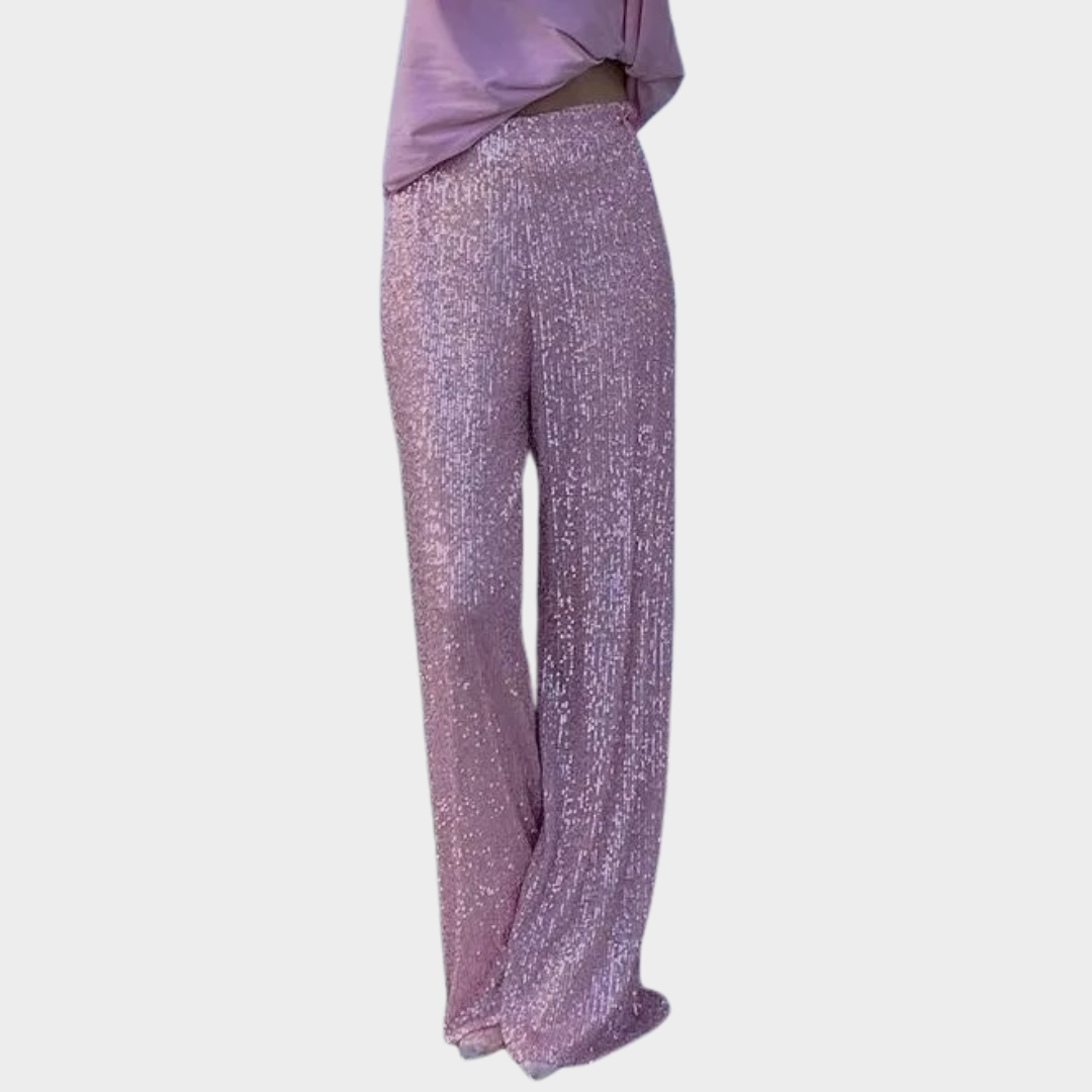 Women’s High Waist Trousers – Sequin Sparkle Party Style – Straight Leg – Comfortable Fit – Pink