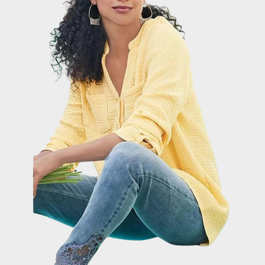 Women’s Long Sleeve Blouse – Solid Colour Button Shirt – Lapel Collar – Relaxed Fit – Lightweight Fabric – Multiple Colours