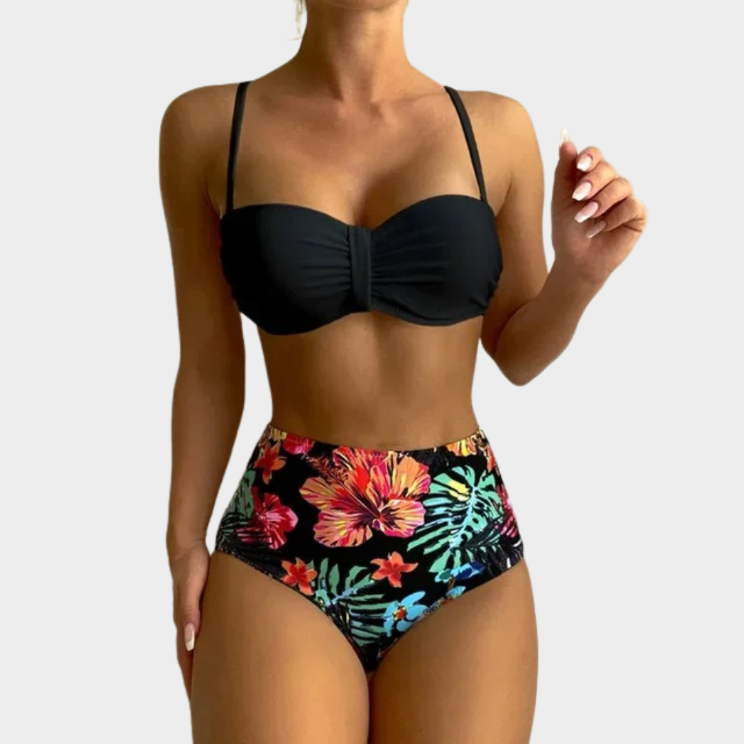 Women Two-Piece Bandeau Bikini – High Waist Tropical Print Push-Up Swimwear – Strapless Bathing Suit Set – Multiple Colours