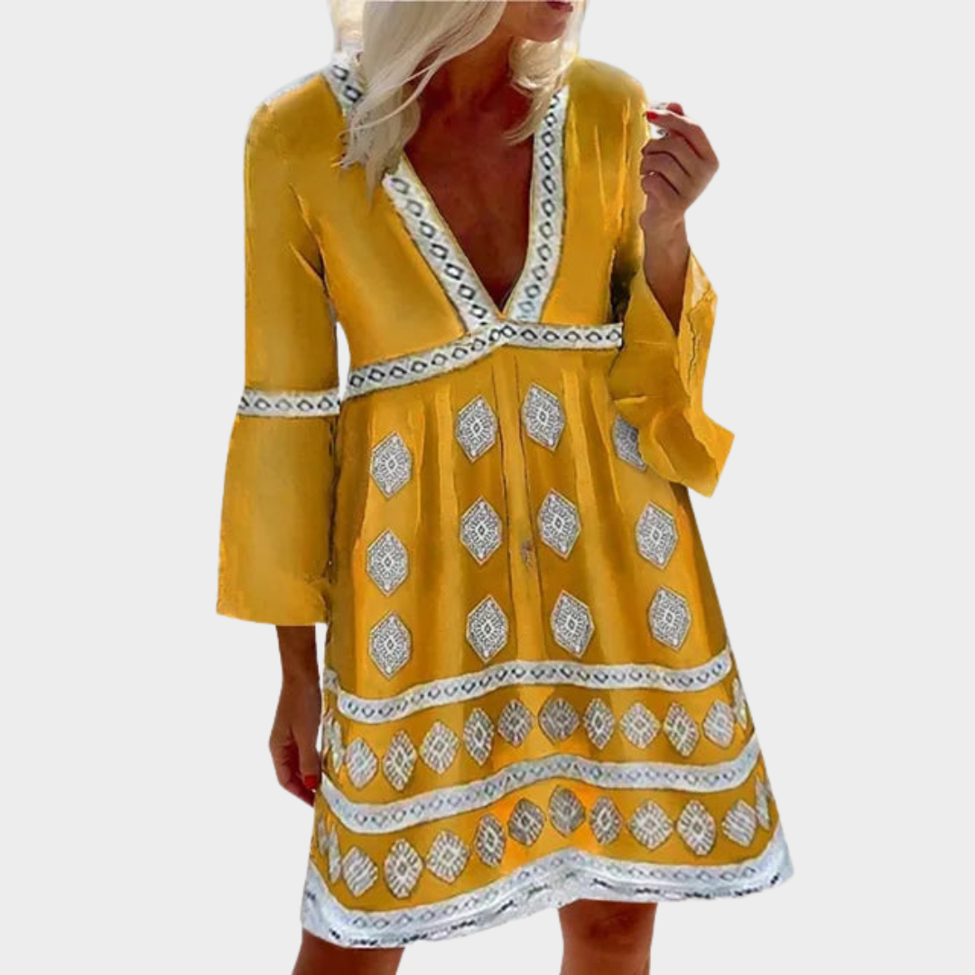 Women's V-Neck Midi Dress – Seven Quarter Sleeve – Printed – Loose Fit – Multiple Colours