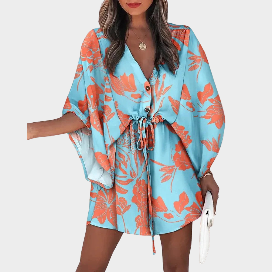 Women Floral Print Casual Dress – V-Neck – Half Sleeve – Ruffle Hem – Lightweight Fabric – Multiple Colours