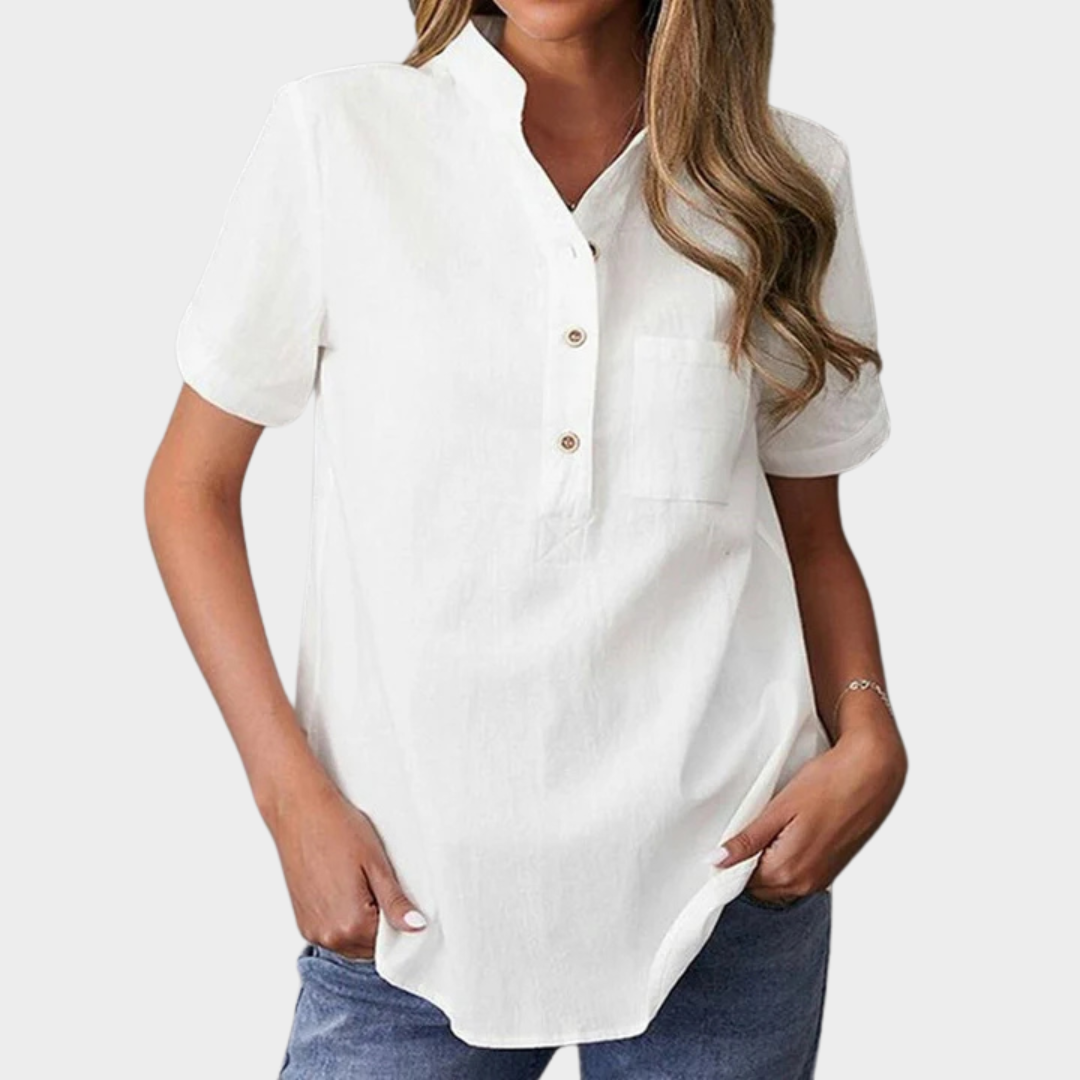 Women's Casual Blouse – Short Sleeve Stand Collar Button Top – Cotton-Polyester Blend – White