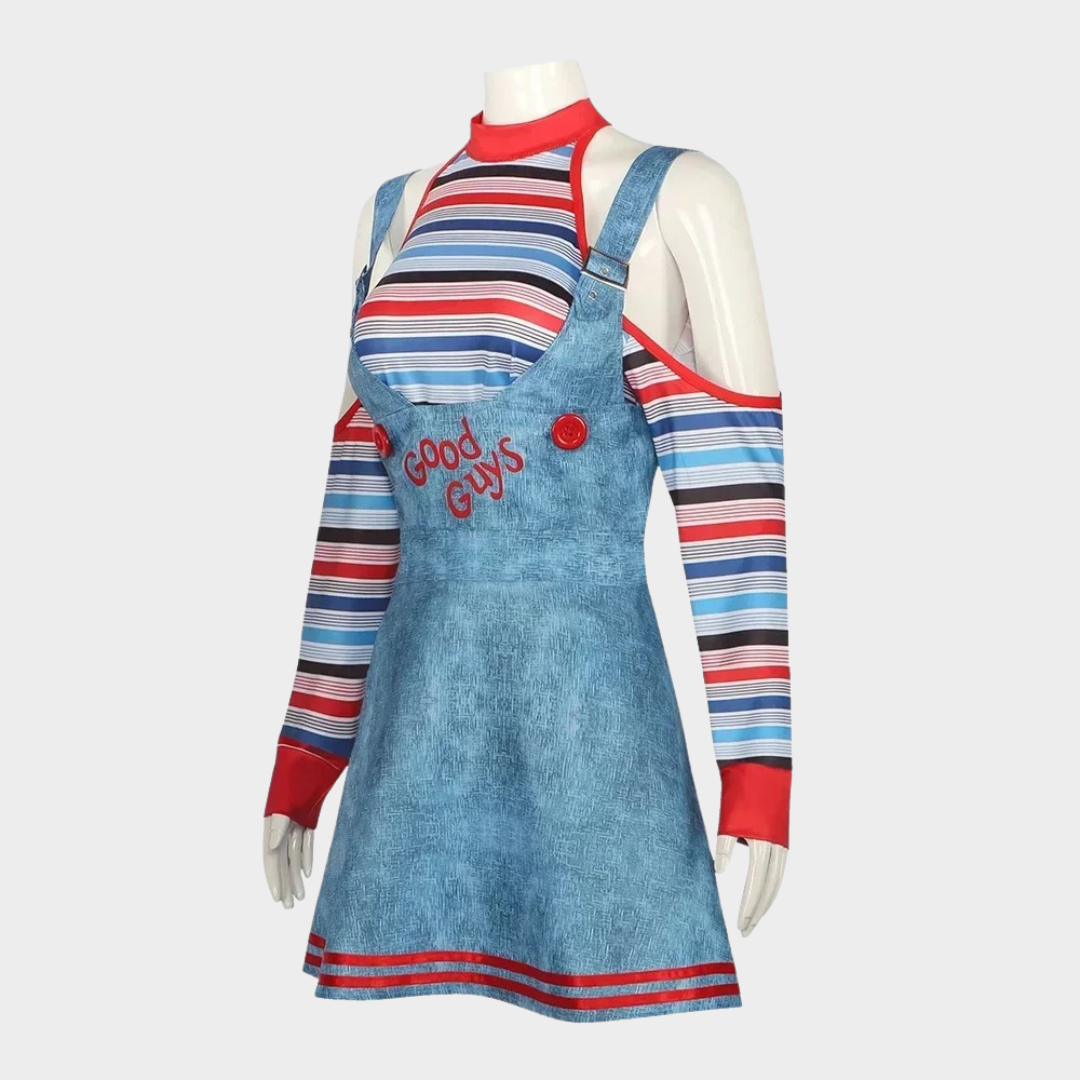 Women Chucky Doll Halloween Costume – Cosplay Dress Inspired by Horror Ghost Doll Outfit – Carnival Party Fancy Dress Uniform – Blue