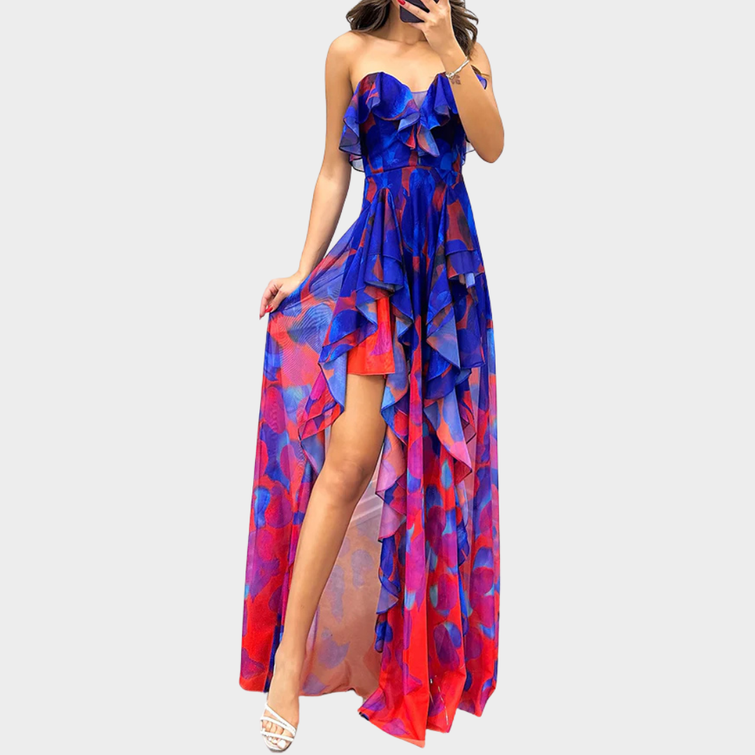 Women's Off-Shoulder Maxi Dress – Elegant Gradient Party Dress – Draped Fit – Flounce Flower Print – Multiple Colours