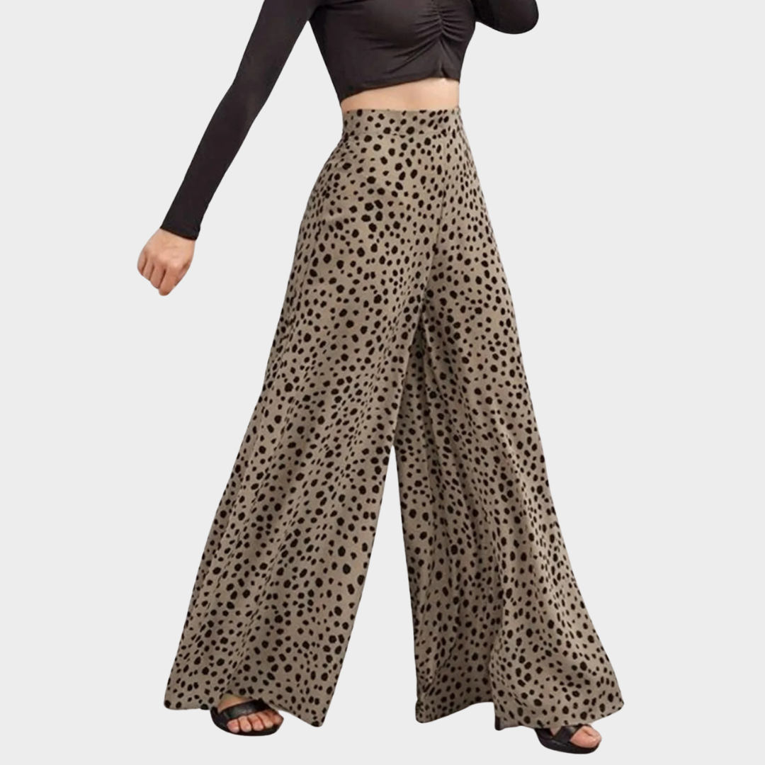 Women's High Waist A-Line Palazzo Trousers – Leopard Print – Draped Fit – Multiple Colours