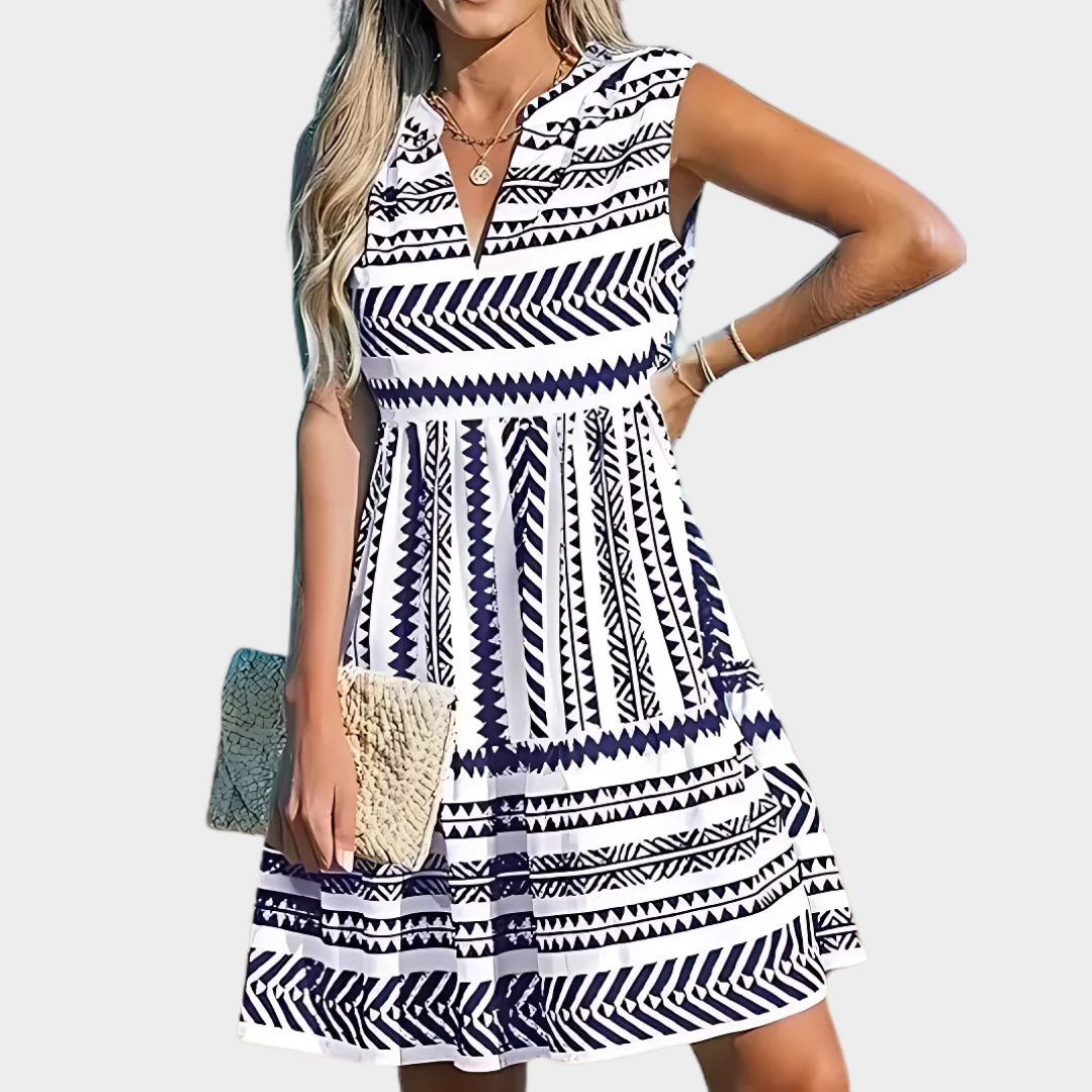 Women's V-Neck Dress – Sleeveless A-Line Geometric Printed Midi Cotton Blend – Blue