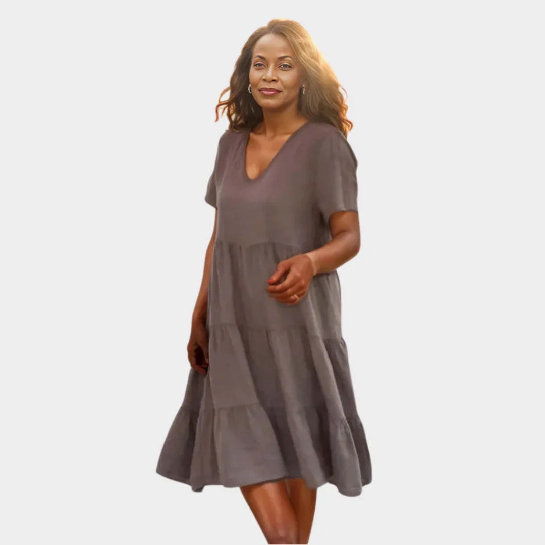 Women's Loose Mid-Length V-Neck Swing Dress – Casual Summer Style, Pink-Red, Brown, Blue