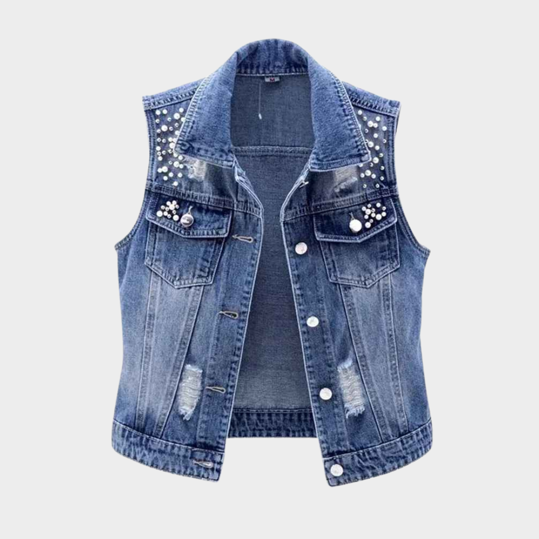 Women's Denim Vest - Ripped Sleeveless Waistcoat - Luxury Pearl Detail - Casual Fit - Blue