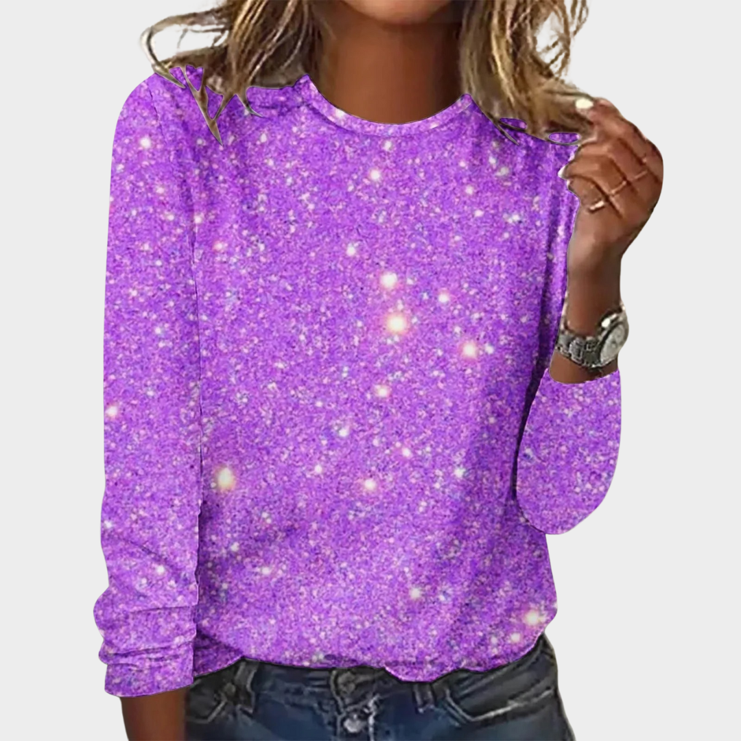 Women’s Long Sleeve Digital Print Blouse – Round Neck Loose Fit – 3D Glitter Look – Cotton-Polyester Blend – Multiple Colours
