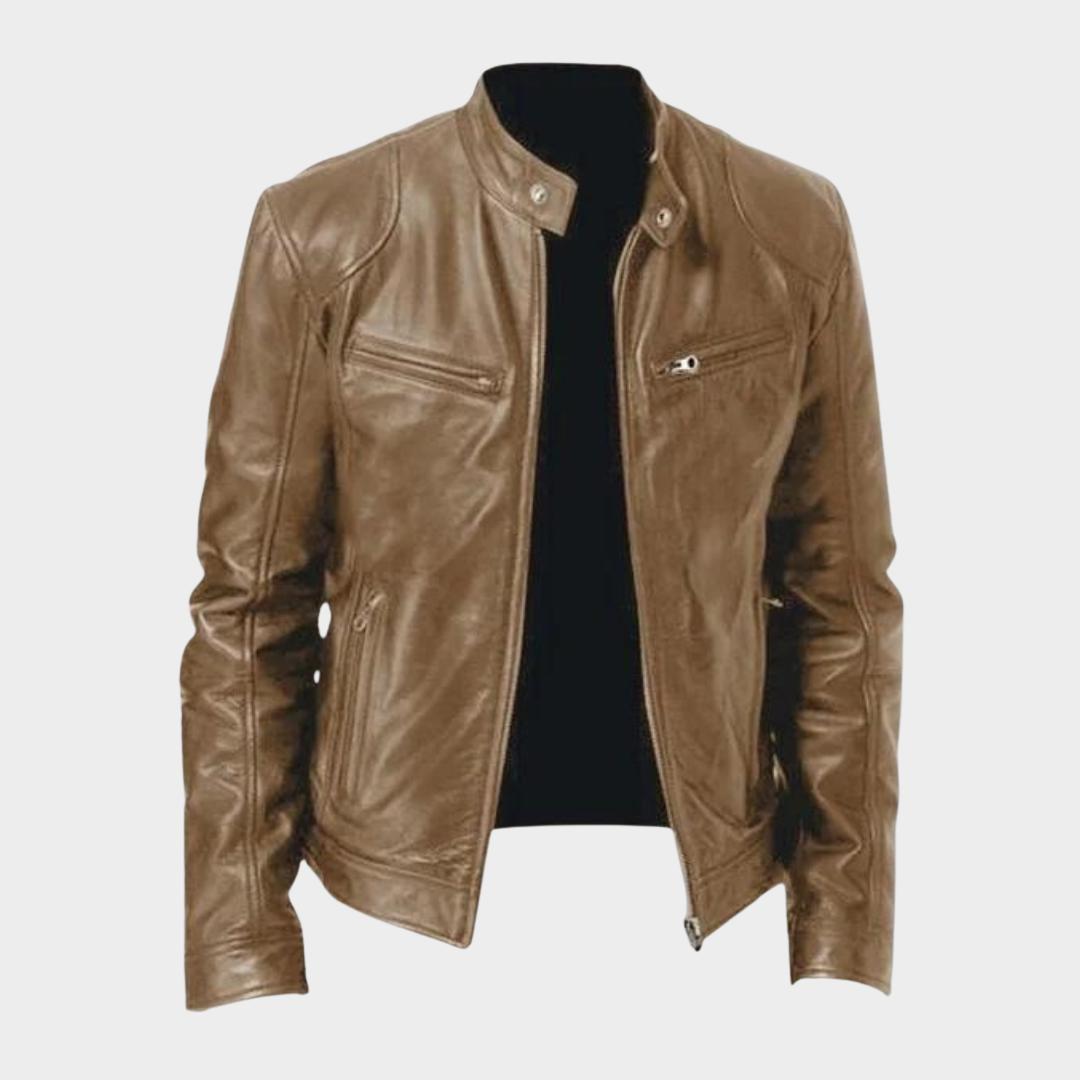 Men’s Stand-Up Collar Leather Jacket – Slim Fit – Zipper Pockets – PU Coat – Biker Style – Multiple Colours