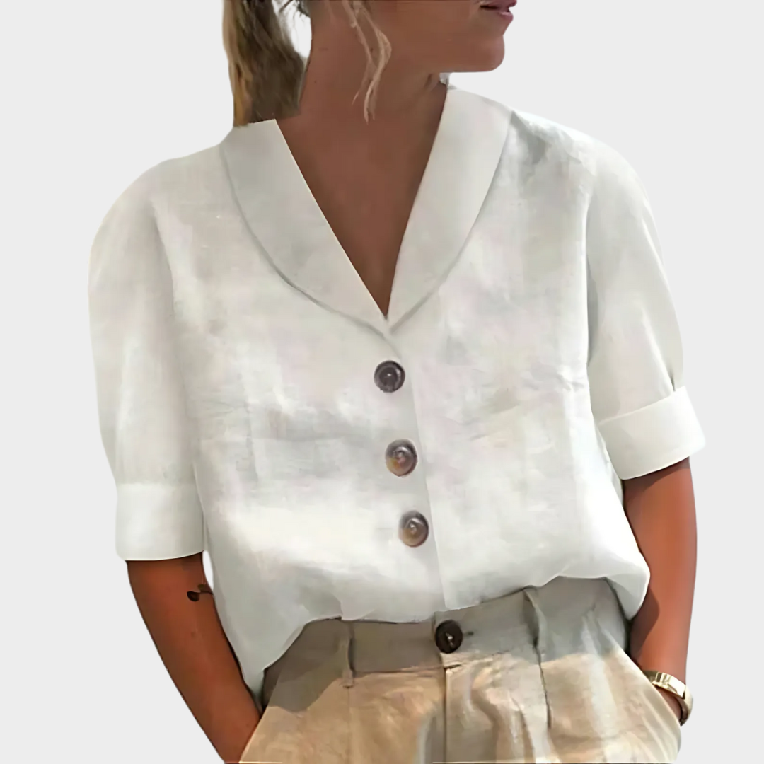 Women’s Cotton Linen Blouse – Solid Colour Casual Shirt – Bubble Half Sleeve – Single-Breasted Lapel Top – Soft and Lightweight – White