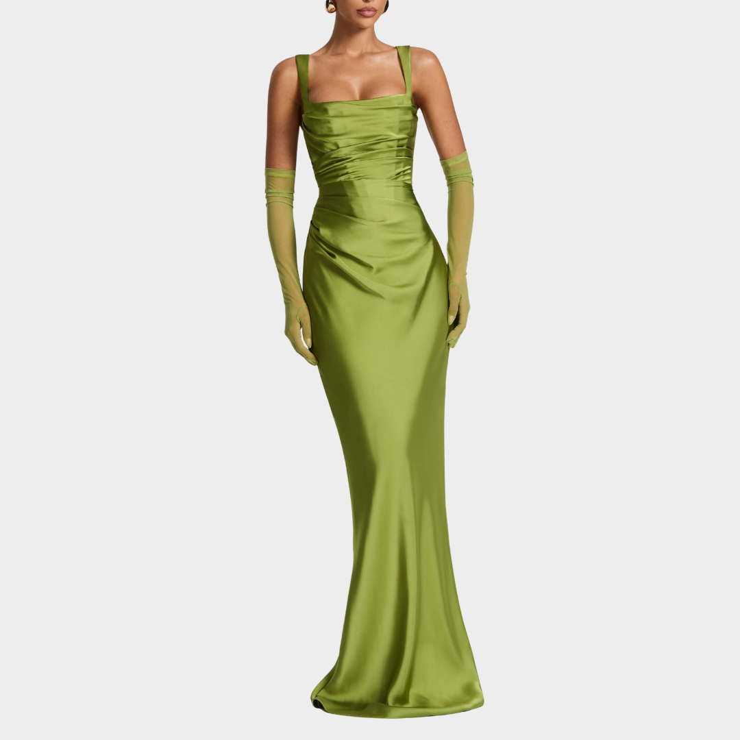 Women Slim Fit Satin Maxi Dress – Elegant Long Dress with Pleated Bodice Square Neckline and Lace Up Back – Multiple Colours