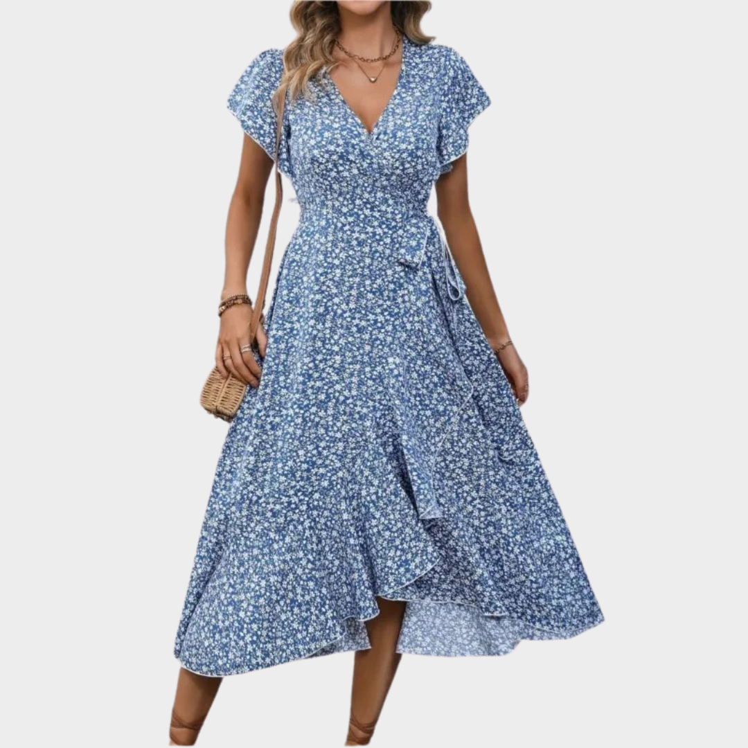 Women’s Midi Dress – Flowy Split Skirt with V-Neck and Short Sleeves – Floral Print Lightweight Fit – Multiple Colours