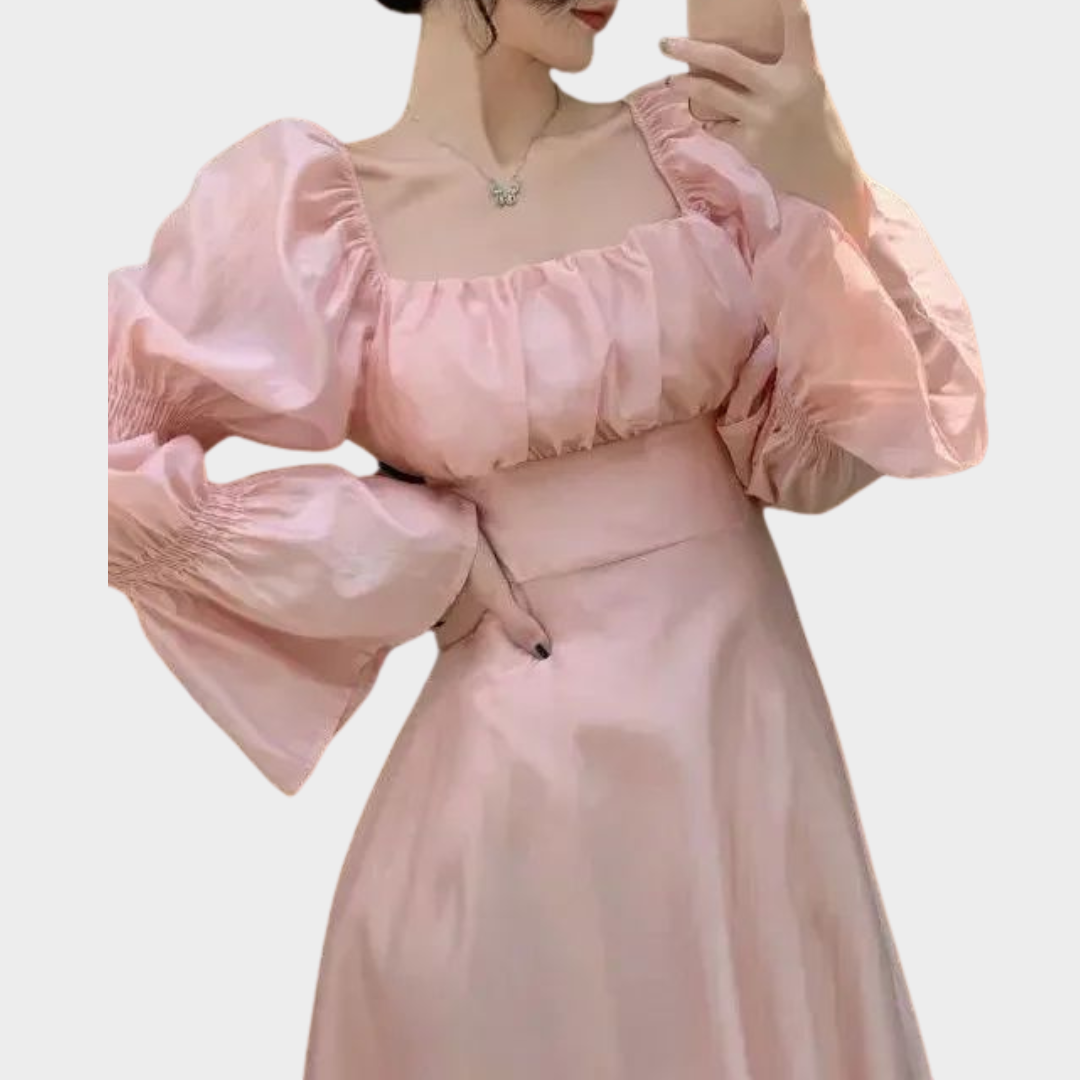 Women's Elegant Chiffon Bandage Dress – Puff Sleeve – Long Flowing Fit – Pink