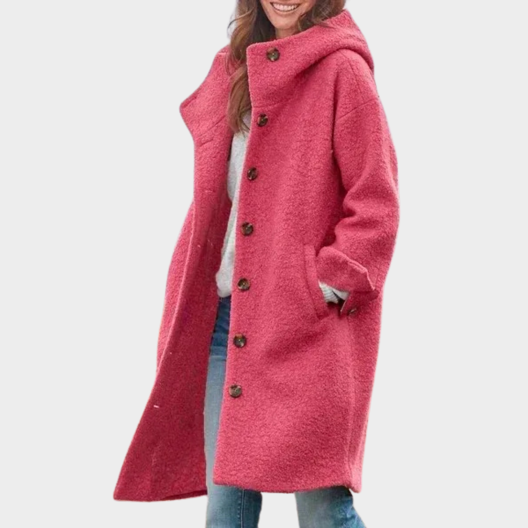 Women Elegant Long Sleeve Woolen Coat – Notch Collar Hooded Outerwear – Tailored Fit Warm Polyester Blend – Multiple Colours