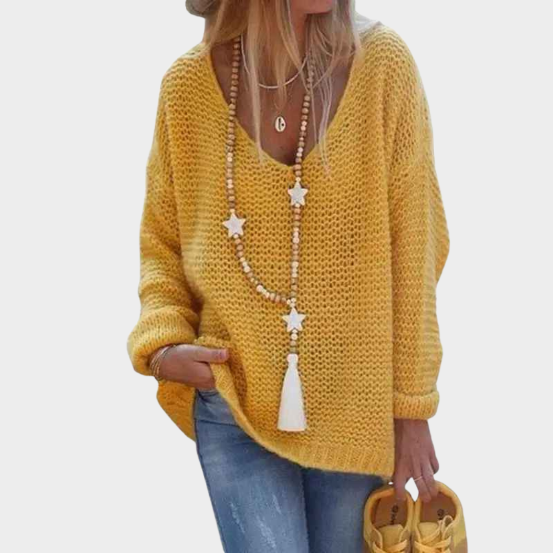 Women's V Neck Long Sleeve Knitted Loose Sweater – Hollow Out Pullover Knitwear Top – Multiple Colours