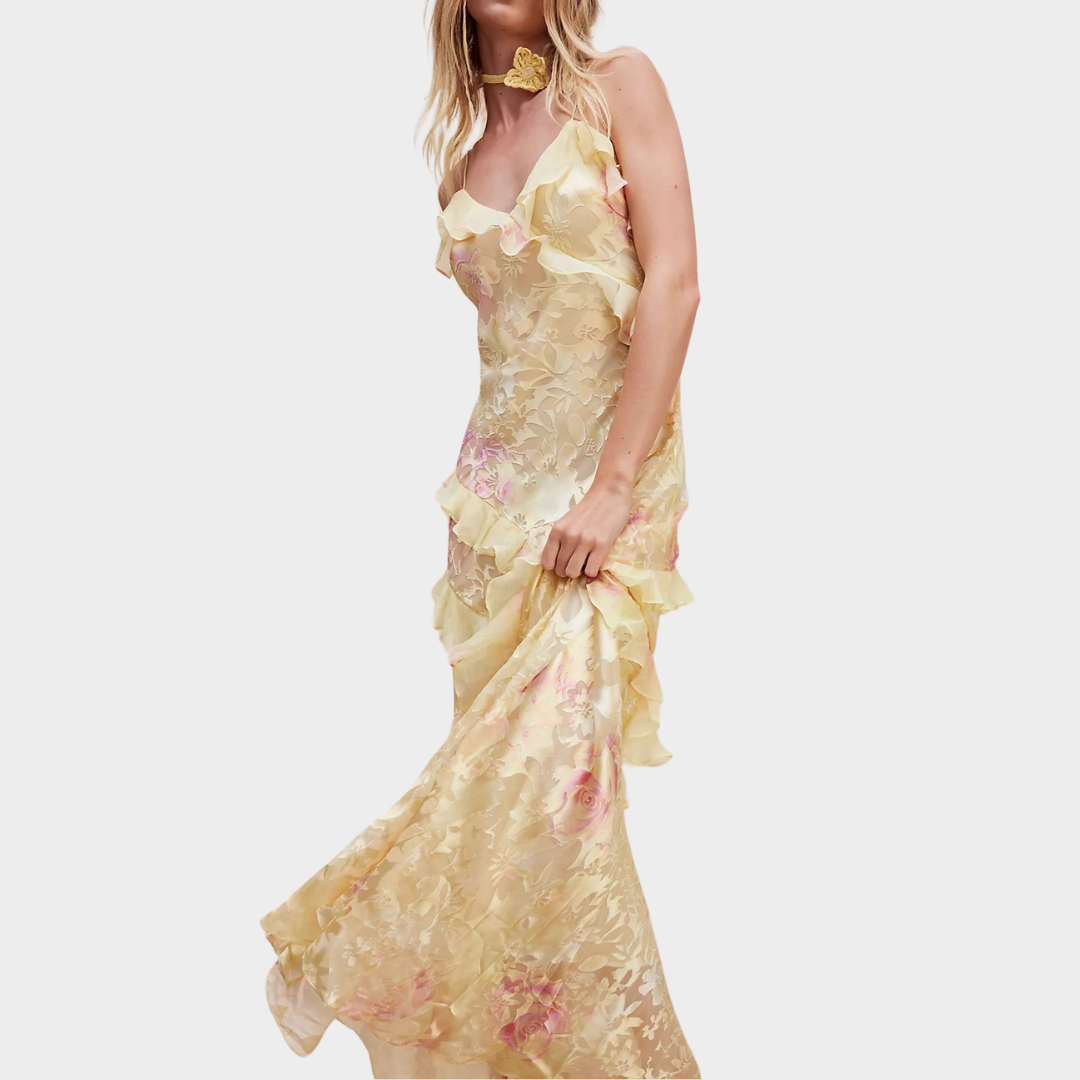 Women's V-Neck Ruffle Dress – Spaghetti Strap – Printed Patchwork – Multiple Colours