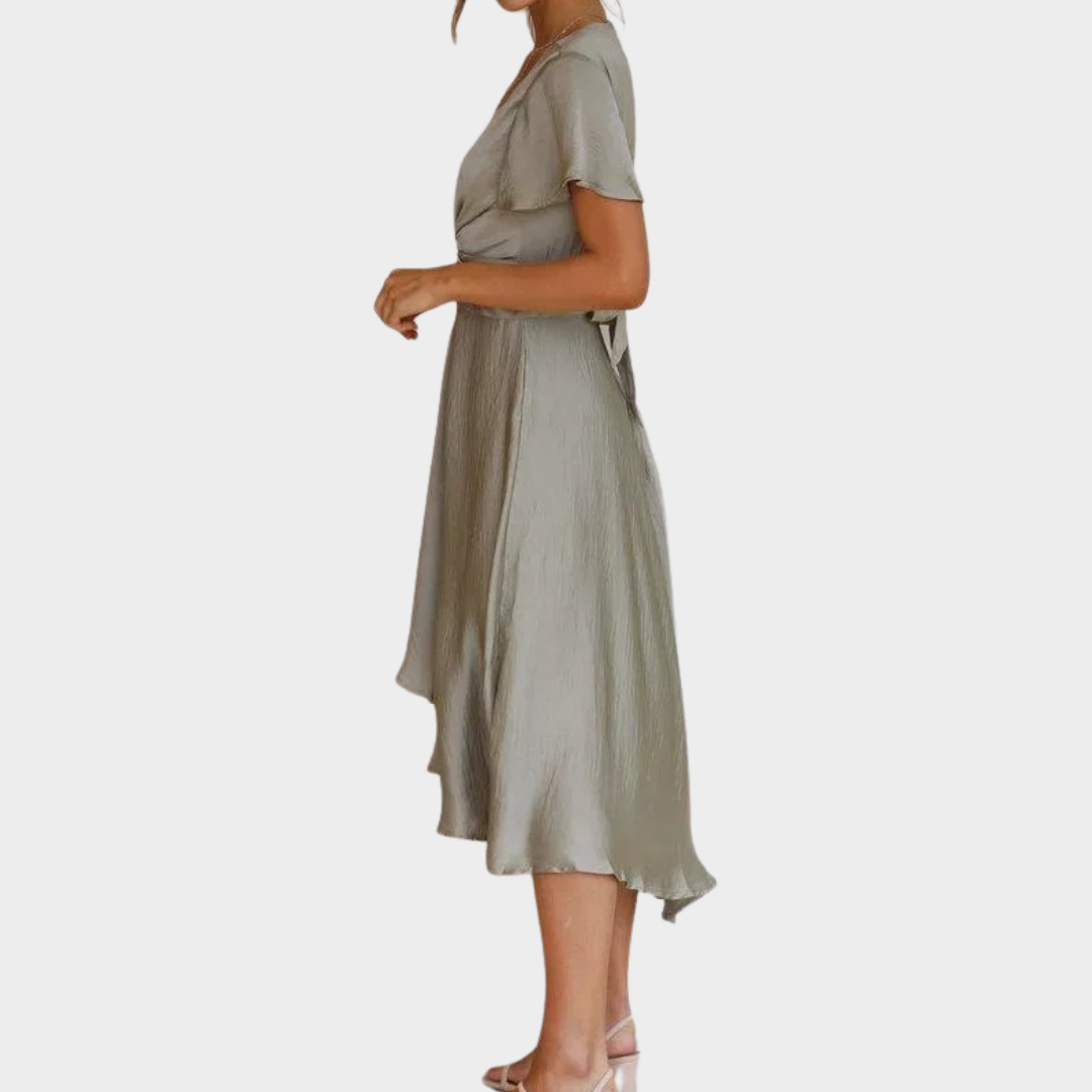 Women’s V-Neck Short Sleeve Satin Dress – Irregular Hem with Elegant Drape – Lightweight Silky Fit – Multiple Colours