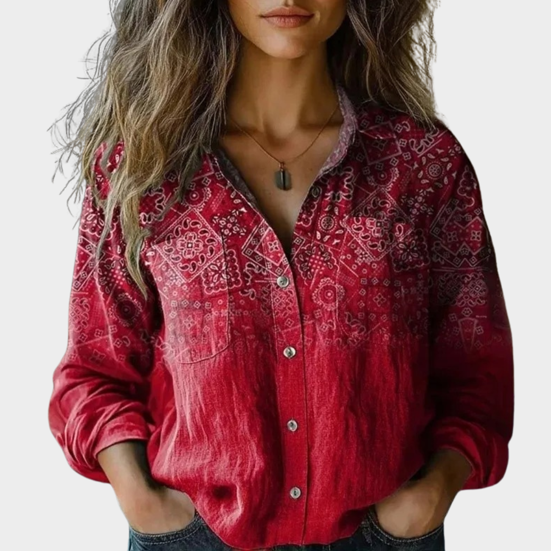 Women’s Floral 3D Print Long Sleeve Shirt – Cotton-Polyester Relaxed Fit Top – Full Sleeve Casual Everyday Fashion – Red