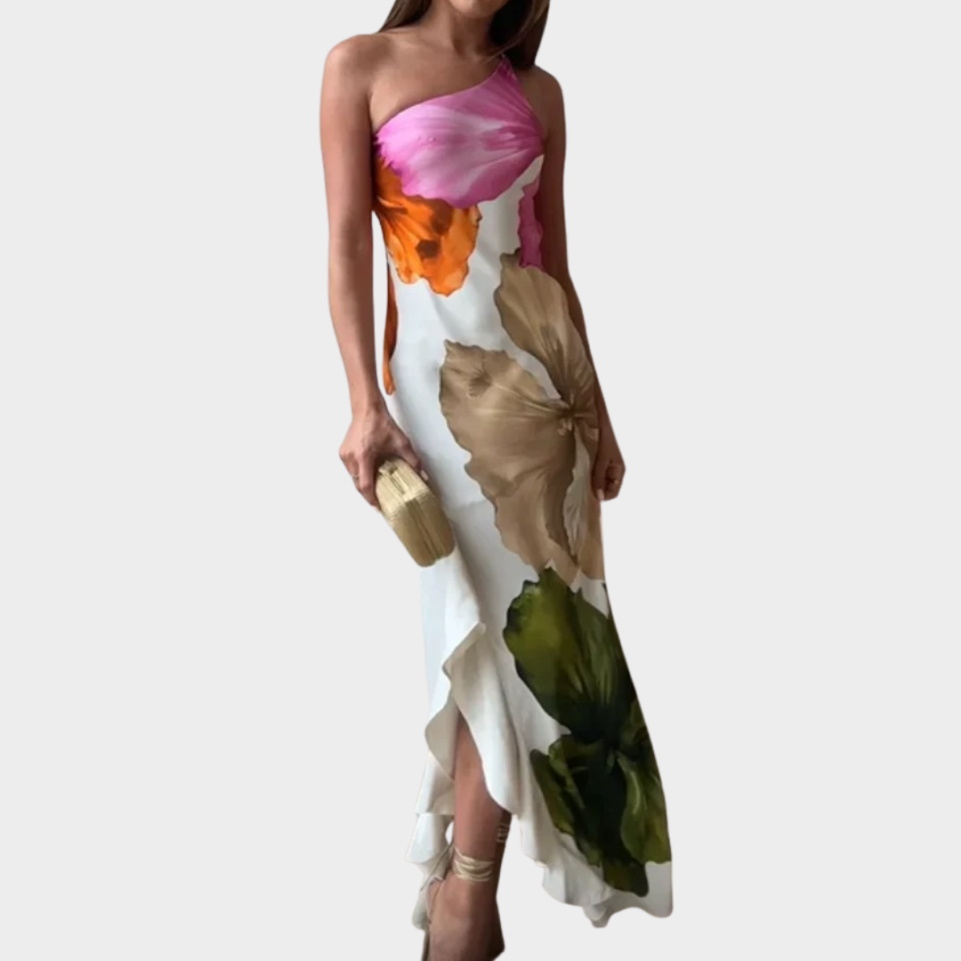 Women Irregular Neck Cocktail Dress – Off Shoulder Open Fork Gown Fit with Printed Curling Edge Detail – Lightweight Polyester – White