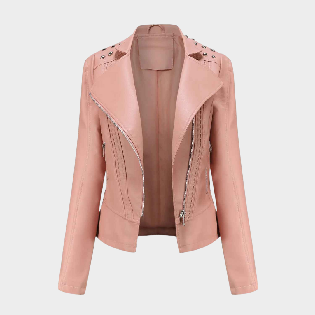 Women's Leather Jacket – Punk Rivet Moto Biker Style with Slim Fit and Turndown Collar – Multiple Colours