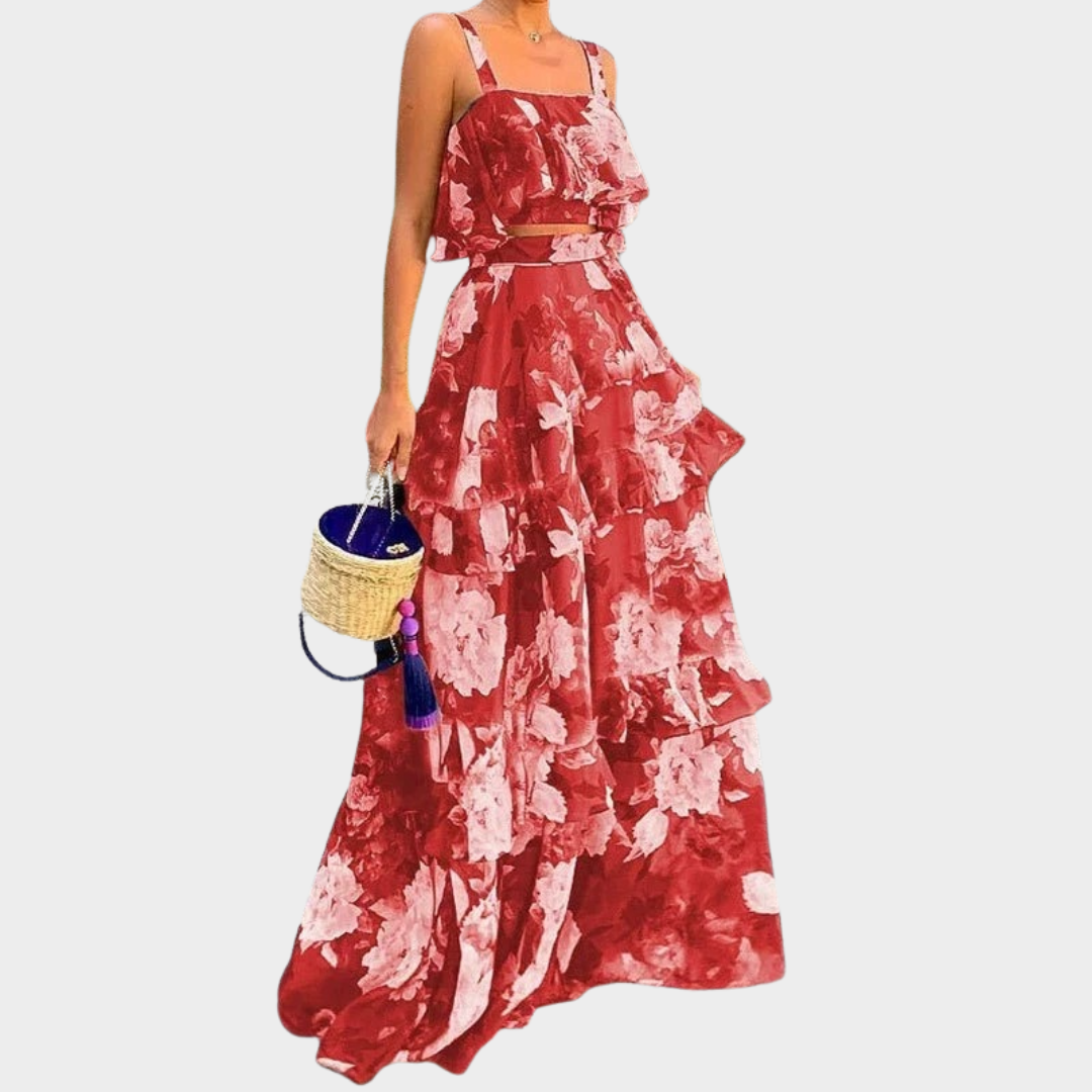 Women Two Piece Set – Halter Neck Top with Layered Cake Skirt – Floral Print – Soft Lightweight Fabric – Relaxed Fit – Multiple Colours