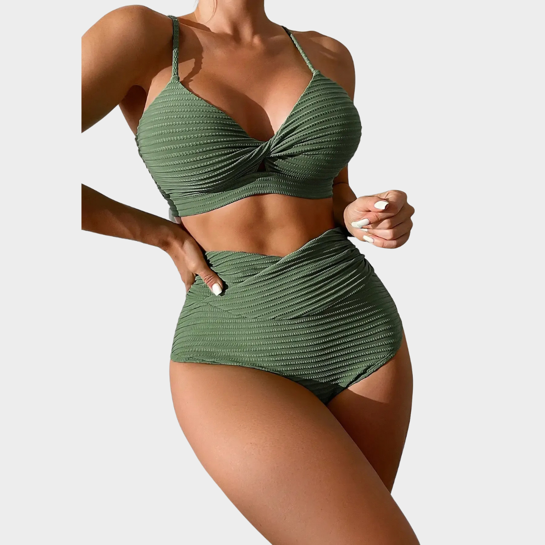 Women Split Bikini Set – High Waist Two-Piece – Supportive Gathered Top – Stretch Fit – Multiple Colours