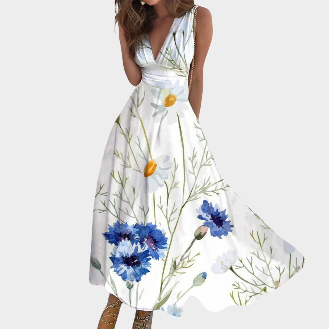 Women’s Floral Print V-Neck Long Dress – Sleeveless A-Line Maxi Style – Lightweight Casual Streetwear – Multiple Colours