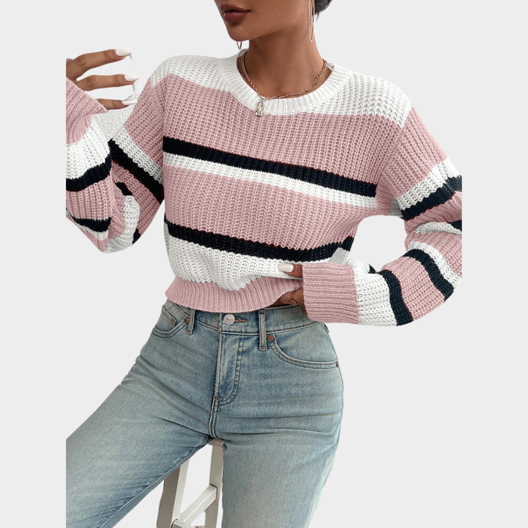 Women's Knitted Sweater – Loose Fit – Drop Shoulder – Round Neck – Color Block Design – Soft Acrylic – Multiple Colours