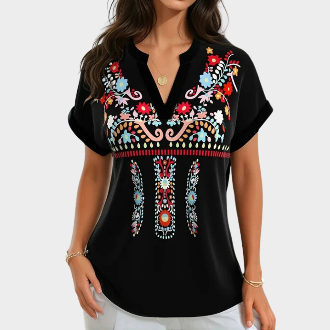 Women’s Vintage Floral Blouse – V-Neck Short Sleeve Shirt – Cotton-Polyester Blend – Classic Black Floral Print – Black