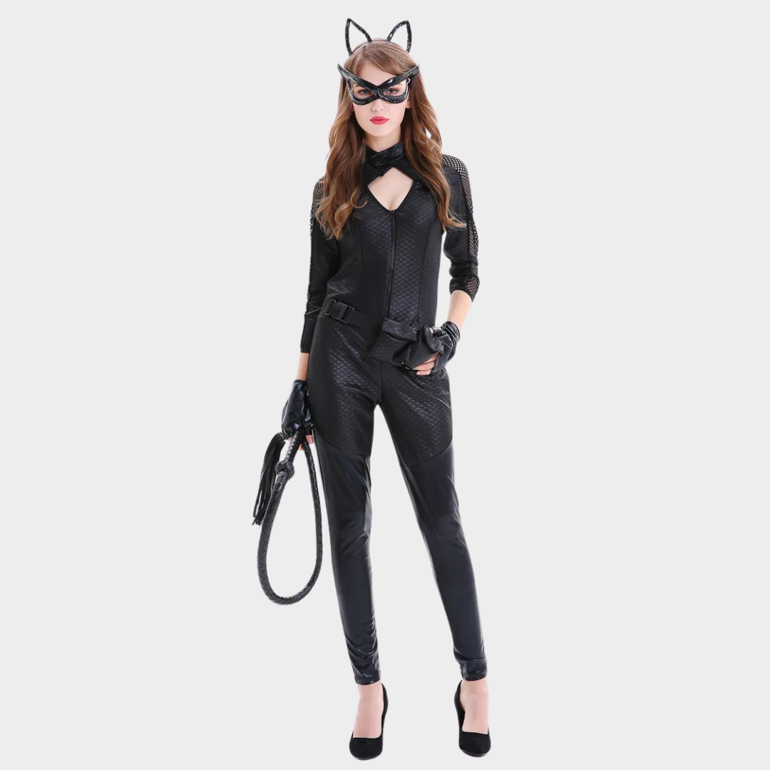 Women Catwoman Halloween Costume – Faux Leather Racing Cosplay Jumpsuit with Zipper Design – Tight Fit Party Outfit – Black