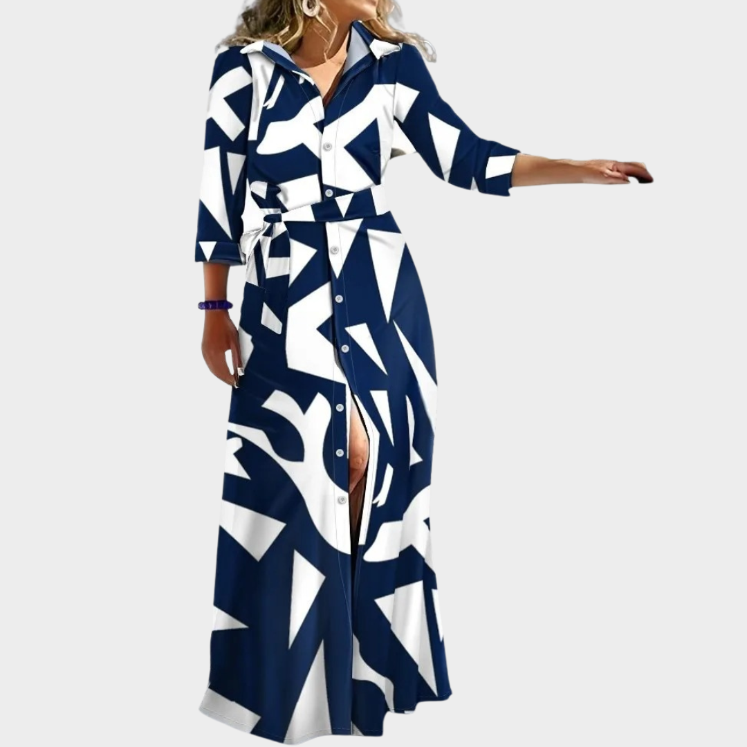 Women's Elegant Stripe Print Maxi Dress – Long Sleeve Shirt Dress – Lace-Up Waist Casual Vacation Wear – Multiple Colours