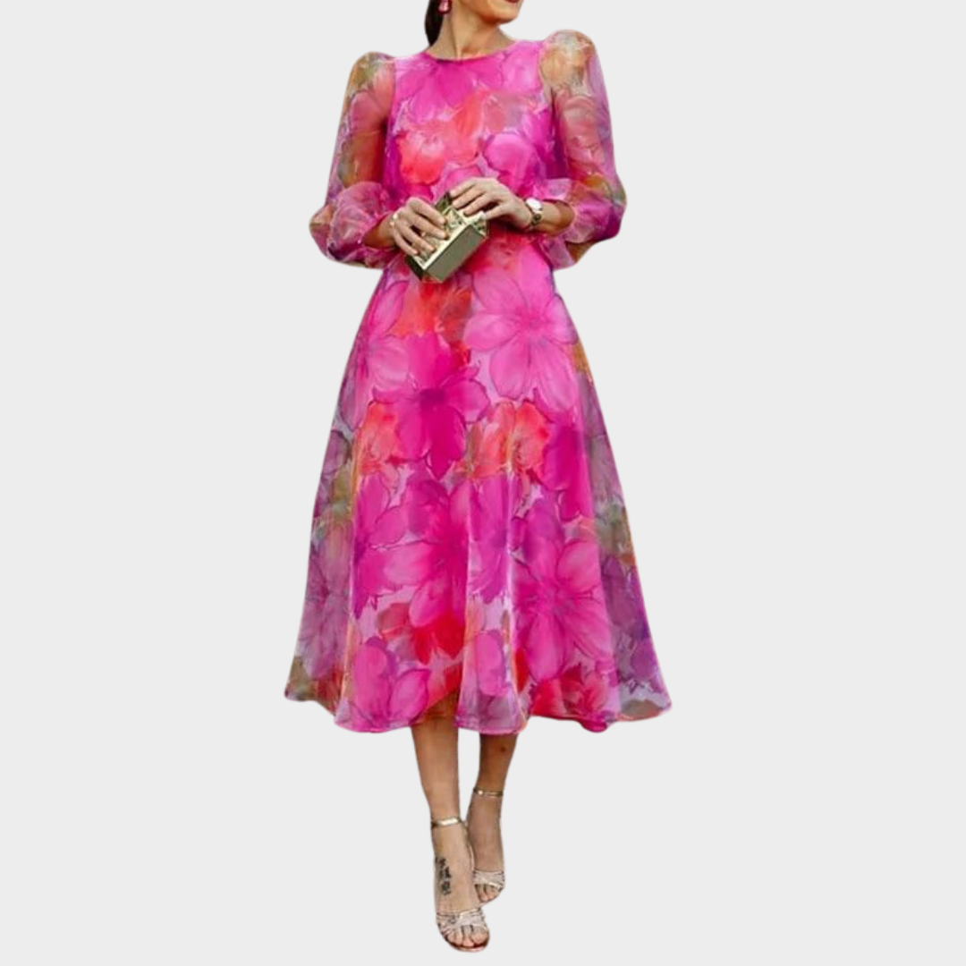 Women's Floral Print Dress – Elegant O Neck – 3/4 Puff Sleeves – Swing Party Style – Multiple Colours