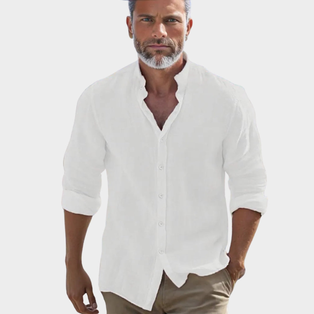 Men's Long-Sleeve Shirt - Stand Collar - Cotton Linen Blend - Casual Fit - Breathable Fabric - Multiple Colours