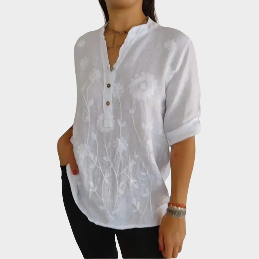 Women's V-Neck Long Sleeve Pullover Shirt – Elegant Jacquard Casual Top with Button Detail Cotton Polyester – White
