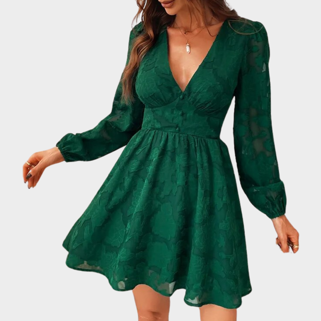 Women’s A-Line Mini Dress – Long Sleeve Lace Detailing – Plunge Neckline – Lightweight Fabric – Multiple Colours