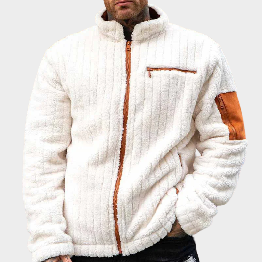 Men’s Patchwork Wool Jacket – Stand Collar – Zip-Up – Warm Fleece Outerwear – Comfortable & Stylish