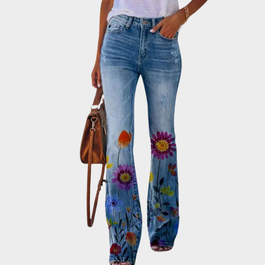 Women's Flare Jeans - High Waist - Printed Denim - Comfortable Fit - Multiple Colours