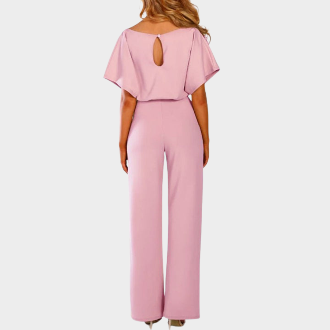 Women's Jumpsuit – Elegant Lace-Up High Waist – Short-Sleeved – Round Neck – Straight Leg – Multiple Colours