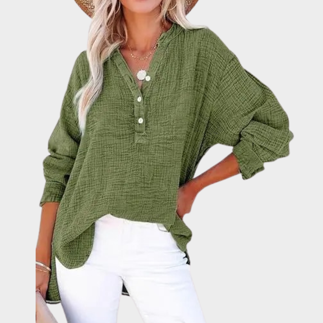 Women’s Long-Sleeve Blouse – Pleated Button Front Top – Relaxed Fit – Lightweight Fabric – Multiple Colours