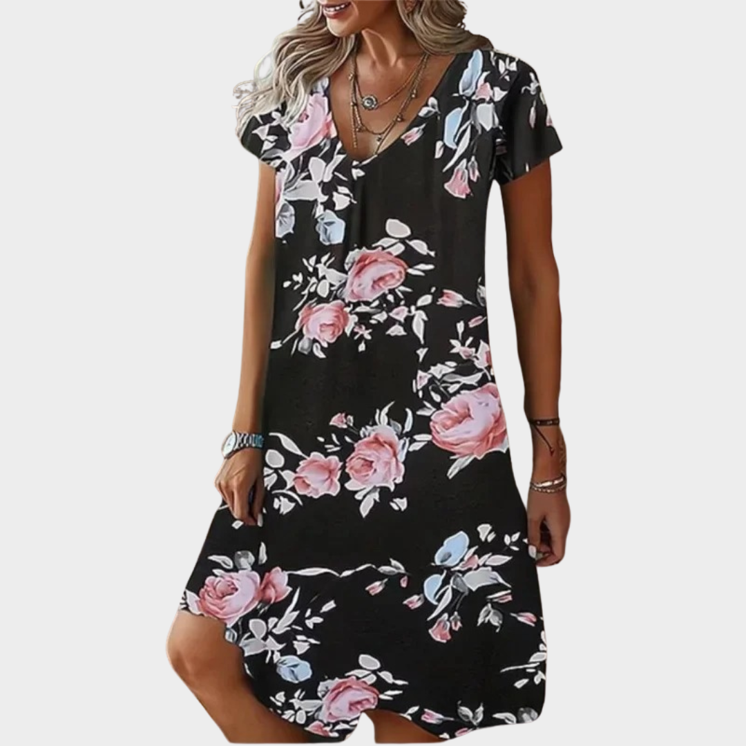 Women Printed Dress – Short Sleeve Pullover – Loose Fit – V-Neck – Lightweight Fabric – Multiple Colours