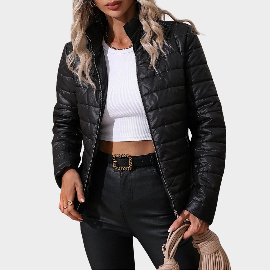 Women’s Quilted Jacket – Streamlined Fit Water-Resistant Hip-Length Outerwear – Zip Closure Casual Style – Black