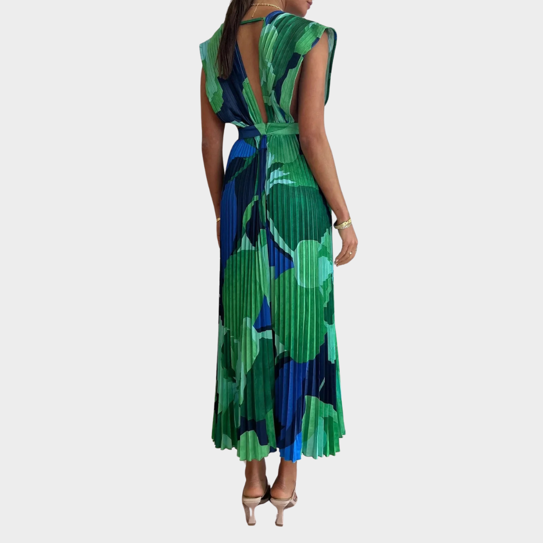 Women's Pleated Sleeveless Casual Dress – Loose Fit – Lightweight Fabric – Green