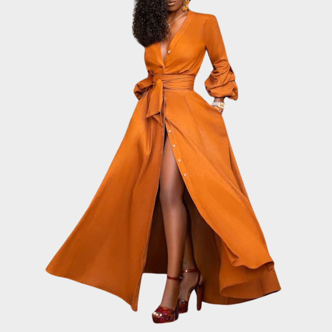 Women's Evening Dress - Long Sleeve - Deep V-Neck - Floor-Length - Elegant Fit - Orange