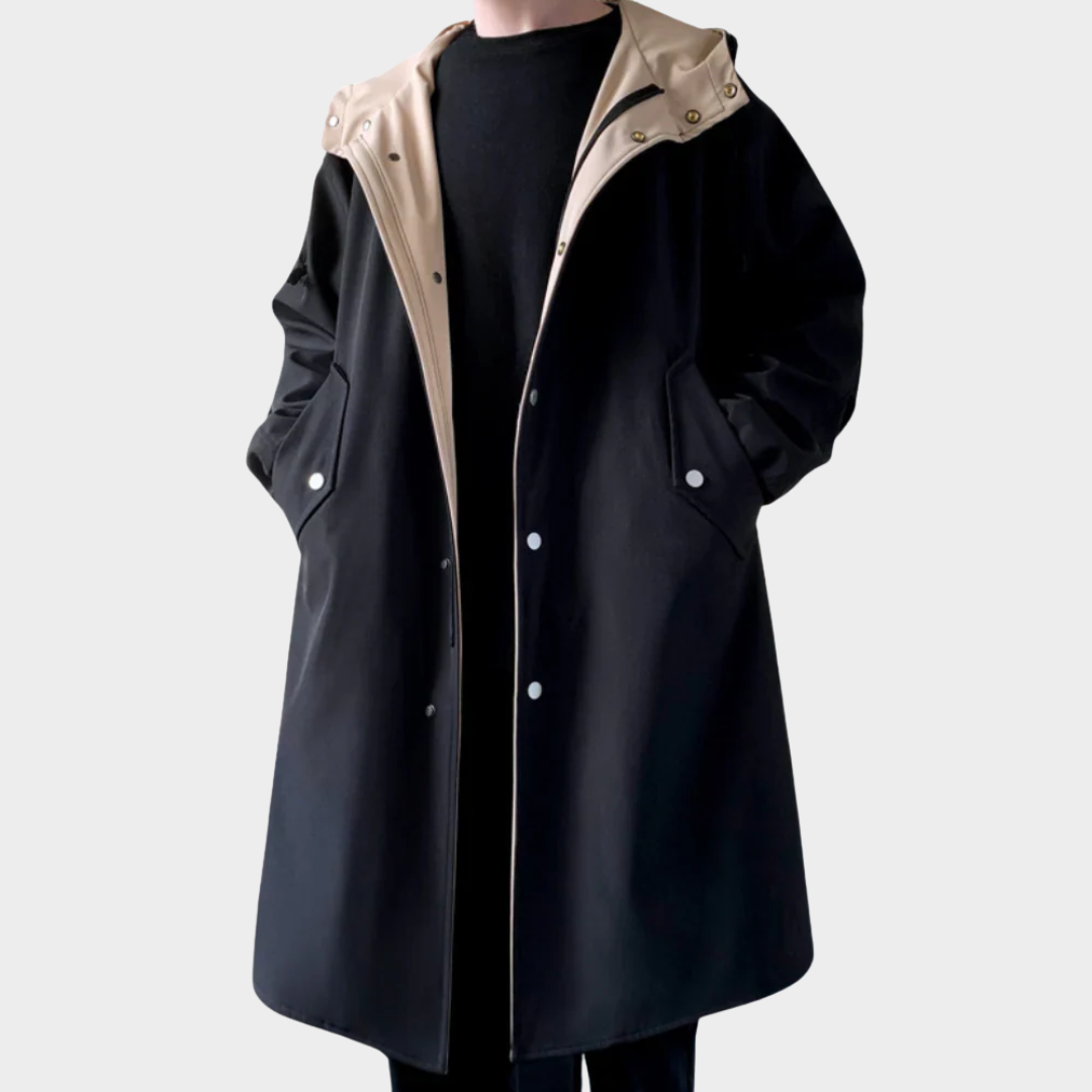 Men’s Long-Line Coat – Relaxed Fit Hooded Design – Snap Closure – Two-Tone Interior – Multiple Colours