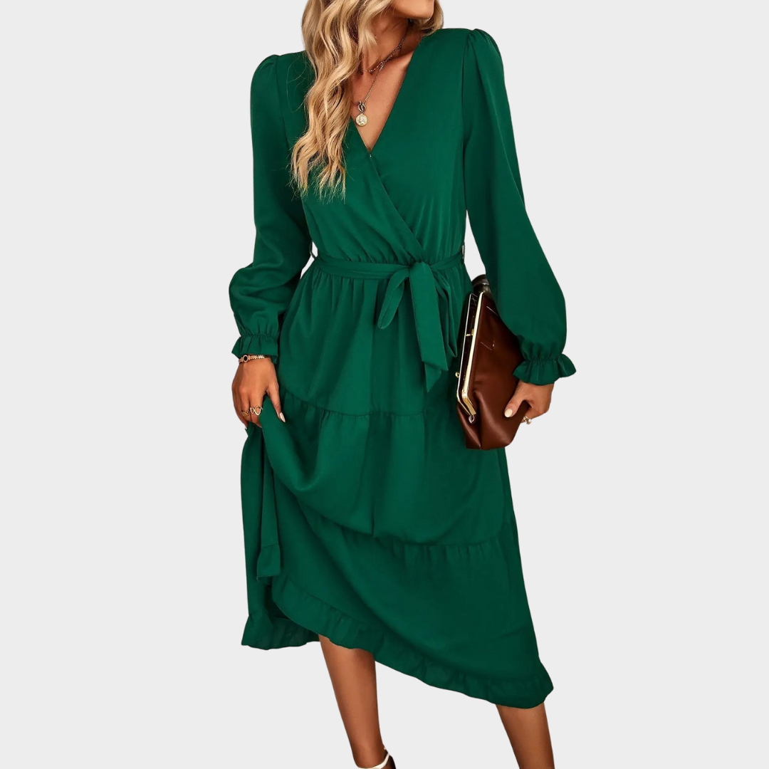 Women's Long Sleeve Maxi Dress – V-Neck Ruffle Hem Lace-Up Elegant Gown – Green