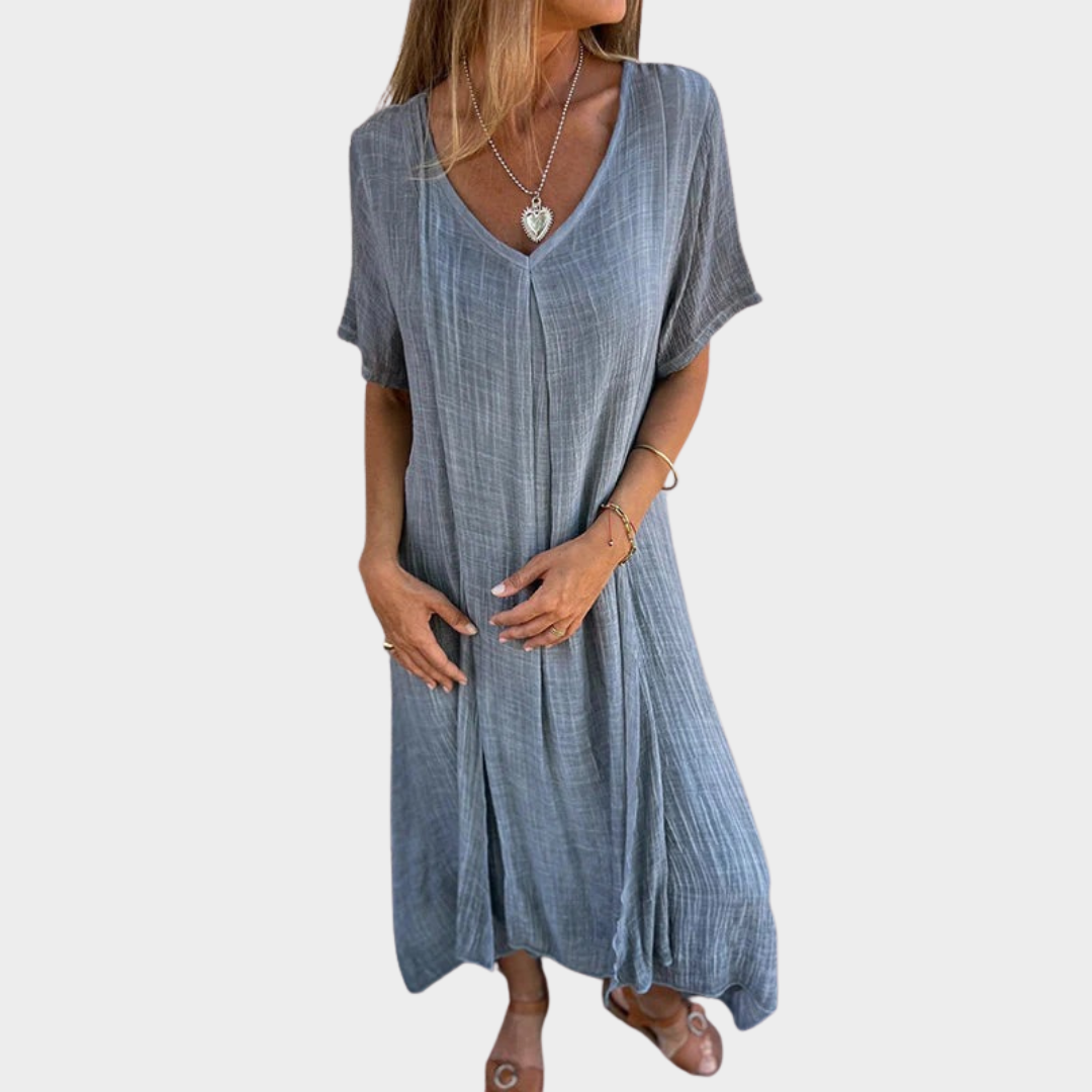 Women’s Maxi Dress – V-Neck – Loose Fit – Short Sleeve – Cotton Linen Blend – Multiple Colours