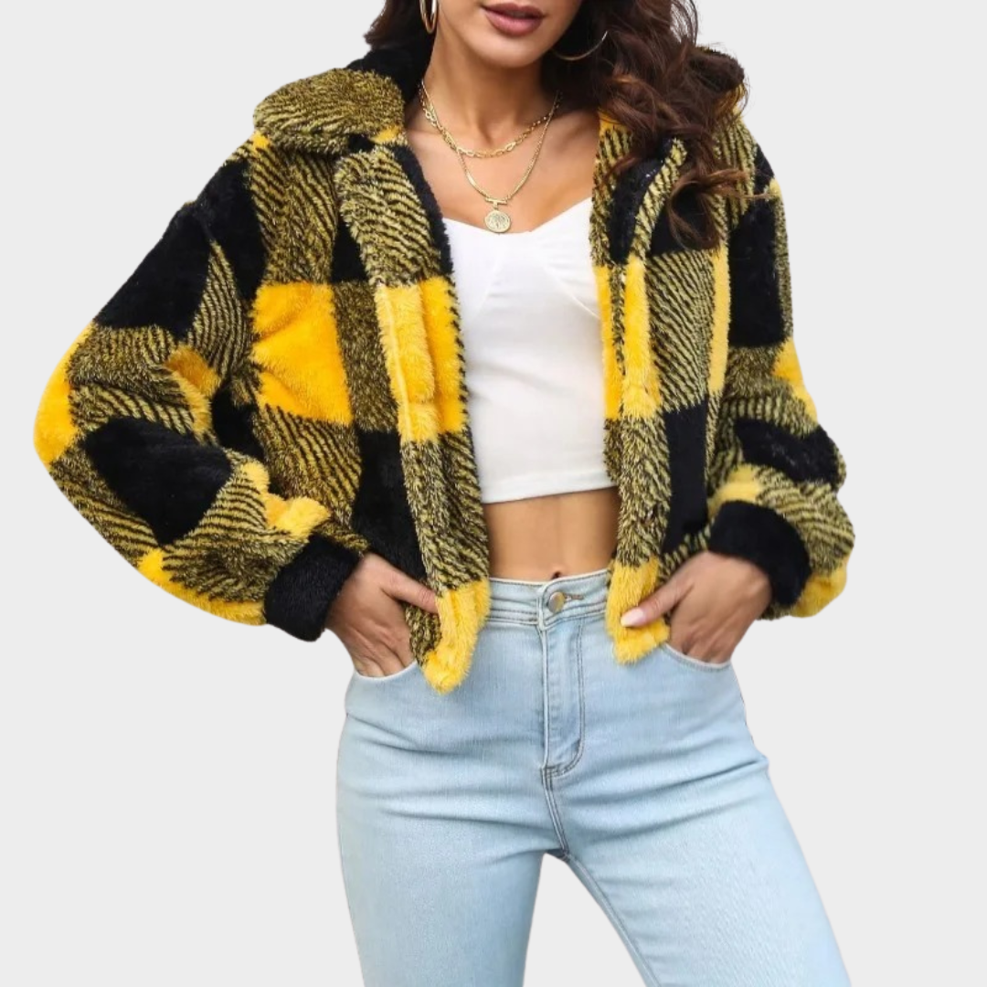 Women's Checkered Cardigan Coat – Polo Collar Button Front Long Sleeve Lantern Style – Yellow