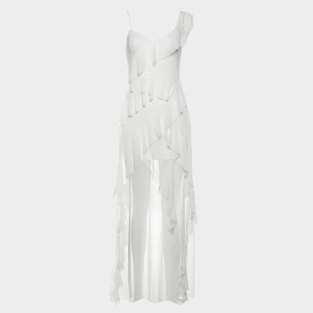 Women’s Tassel Ruffle Long Dress – Elegant Spaghetti Strap Fit – Lightweight Perspective Style – White
