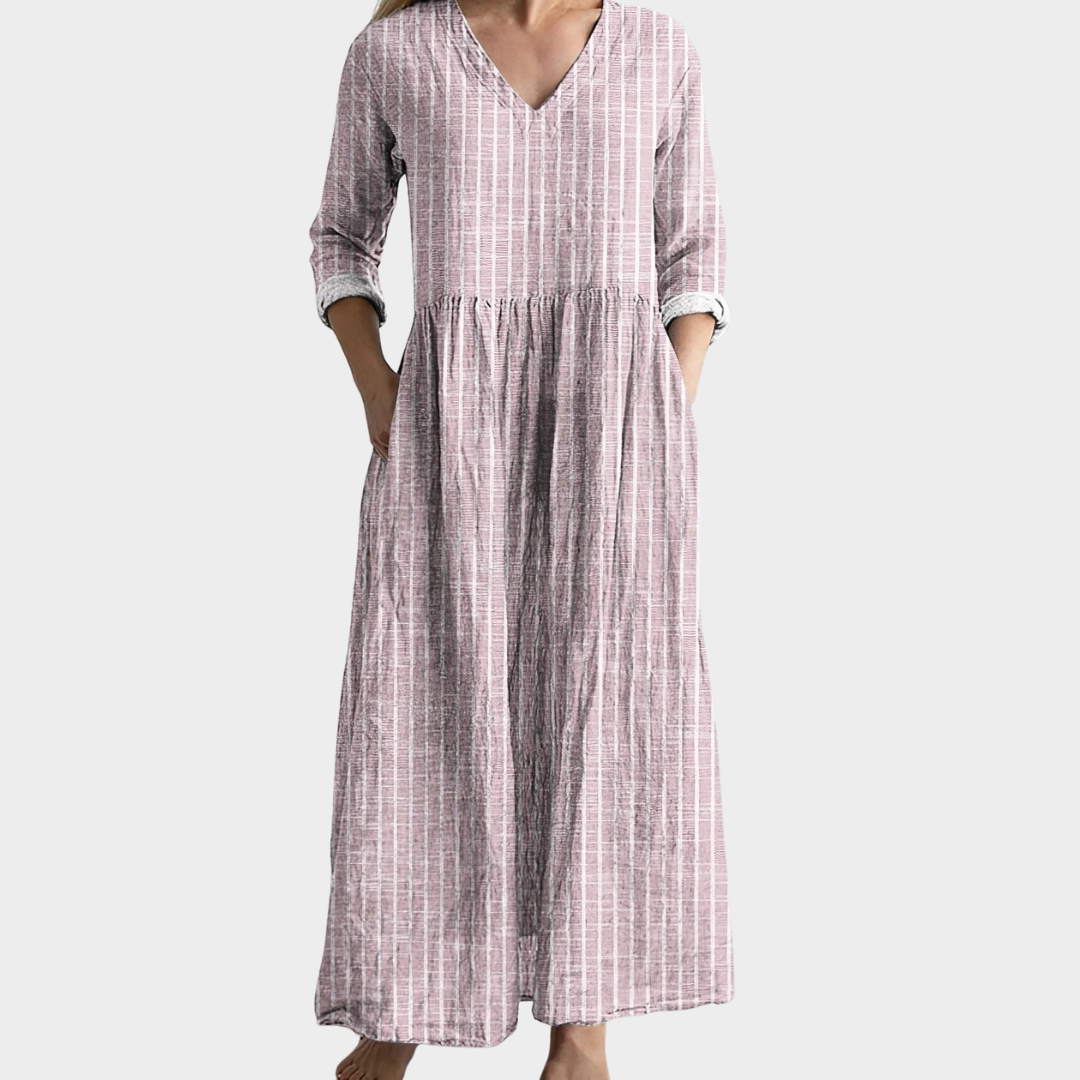 Women’s Maxi Dress – Relaxed Fit – V-Neck – Striped Pattern – Long Sleeve – Natural Fibre – Multiple Colours
